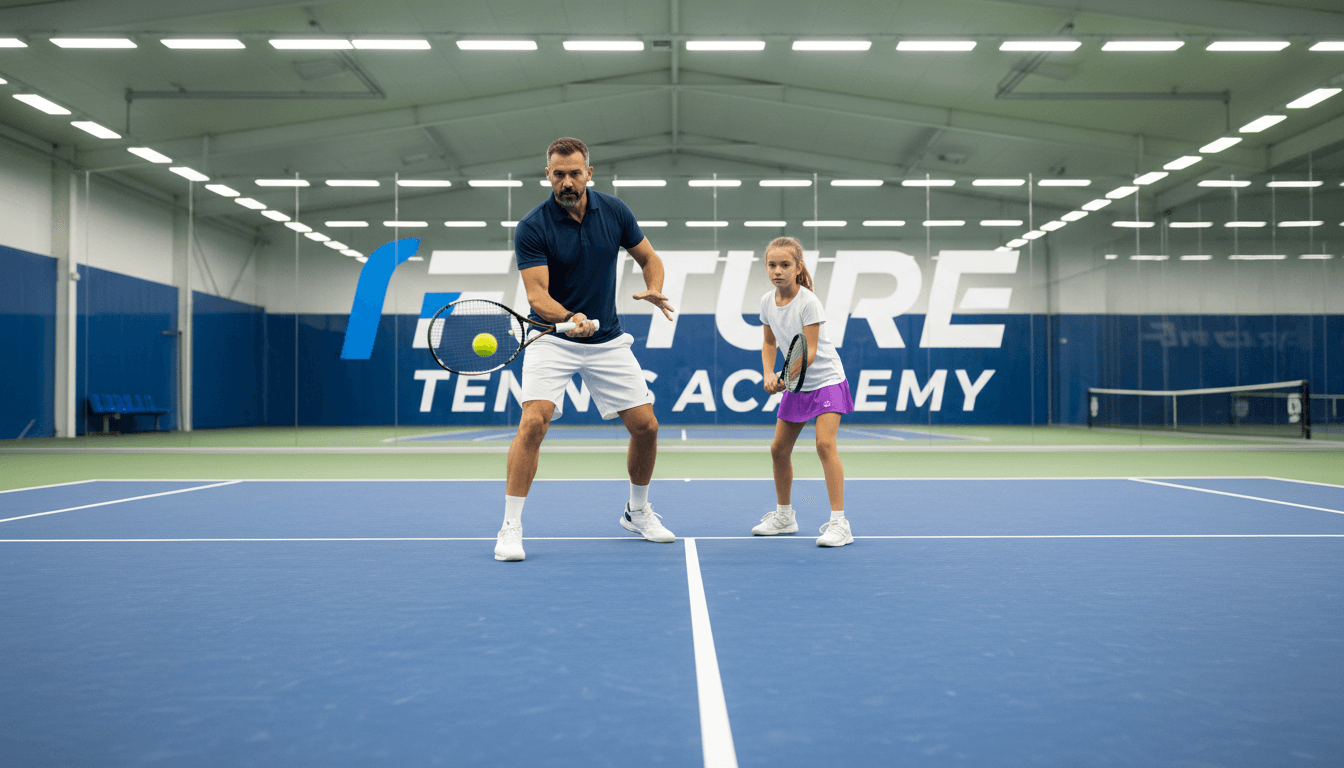 Instrutor de tênis orientando jovem atleta