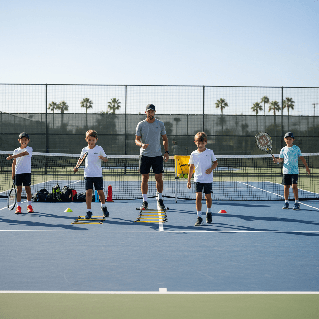 Jovens tenistas aquecendo e realizando exercícios técnicos com treinador