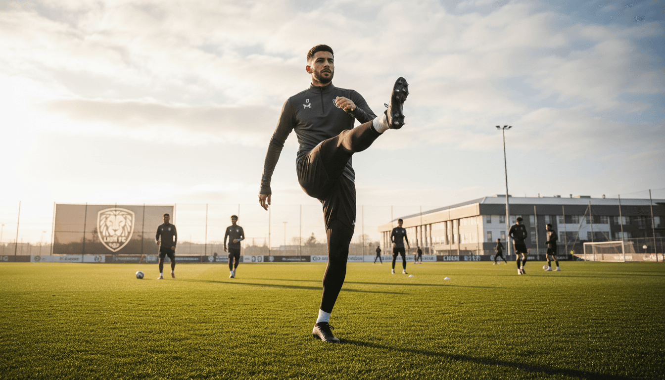 Football player doing dynamic warm-up exercises on field with modern stretching technique